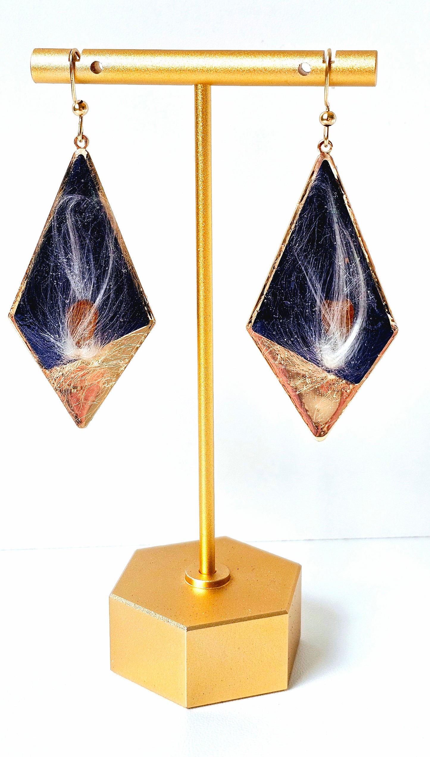 Kite Shaped Milkweed Seed Earrings with Gold Frame