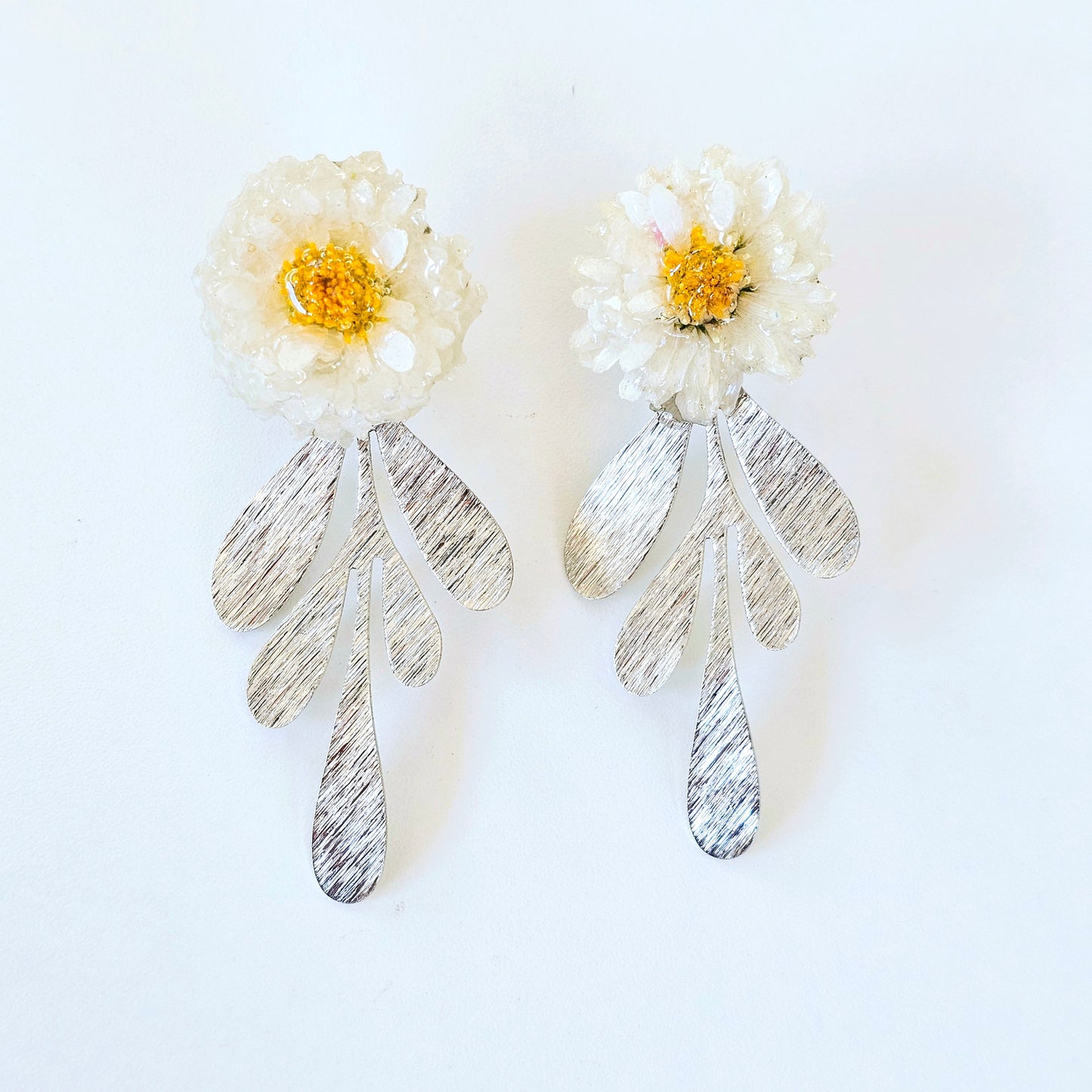 White Mum Floral Earring with Brass Leaf Charm