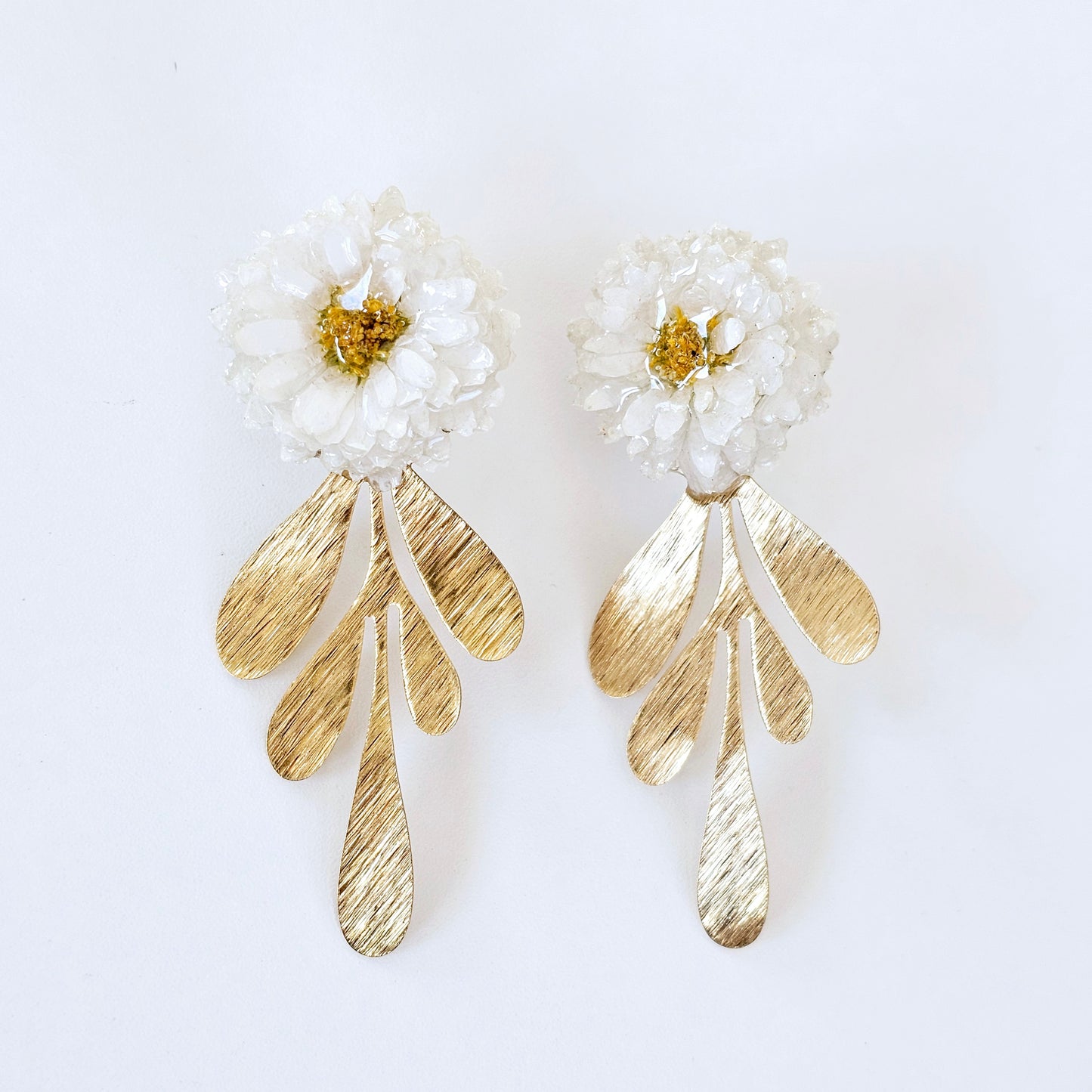 White Mum Floral Earring with Brass Leaf Charm