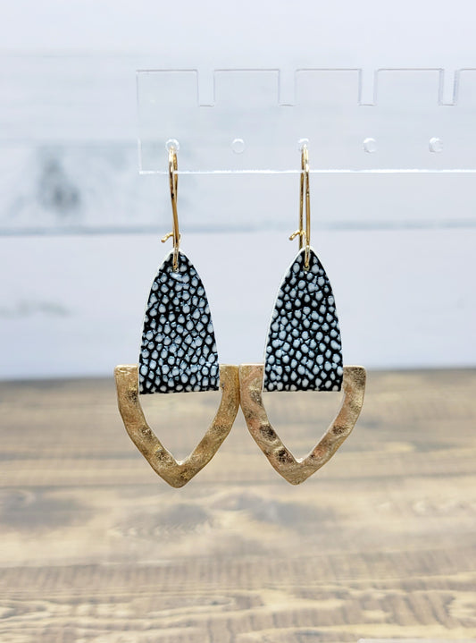 Blue Leather with Gold Metal Textured Triangle Earring