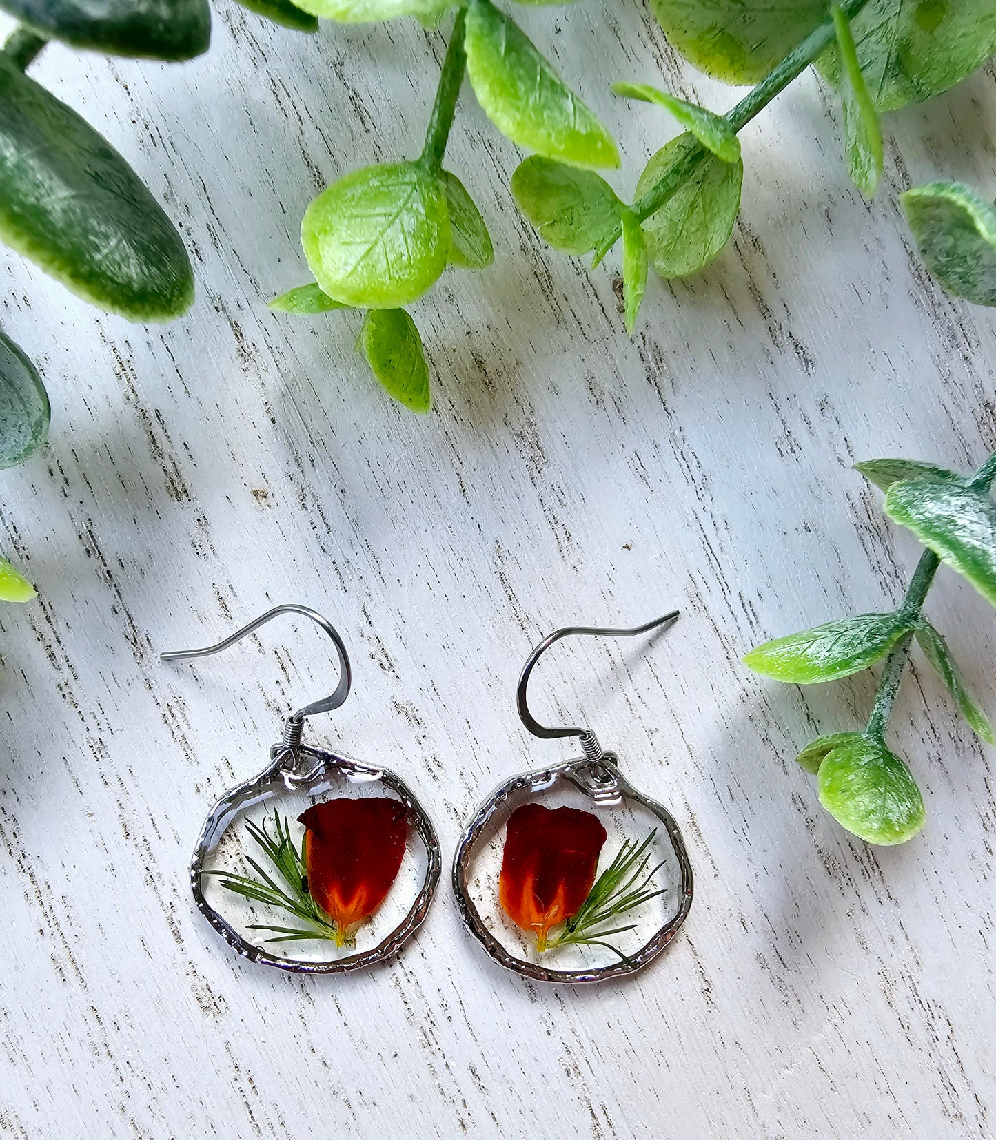 Marigold Petal and Asparagus Leaf Resin Earrings
