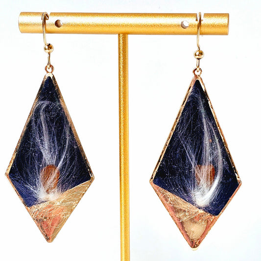 Kite Shaped Milkweed Seed Earrings with Gold Frame
