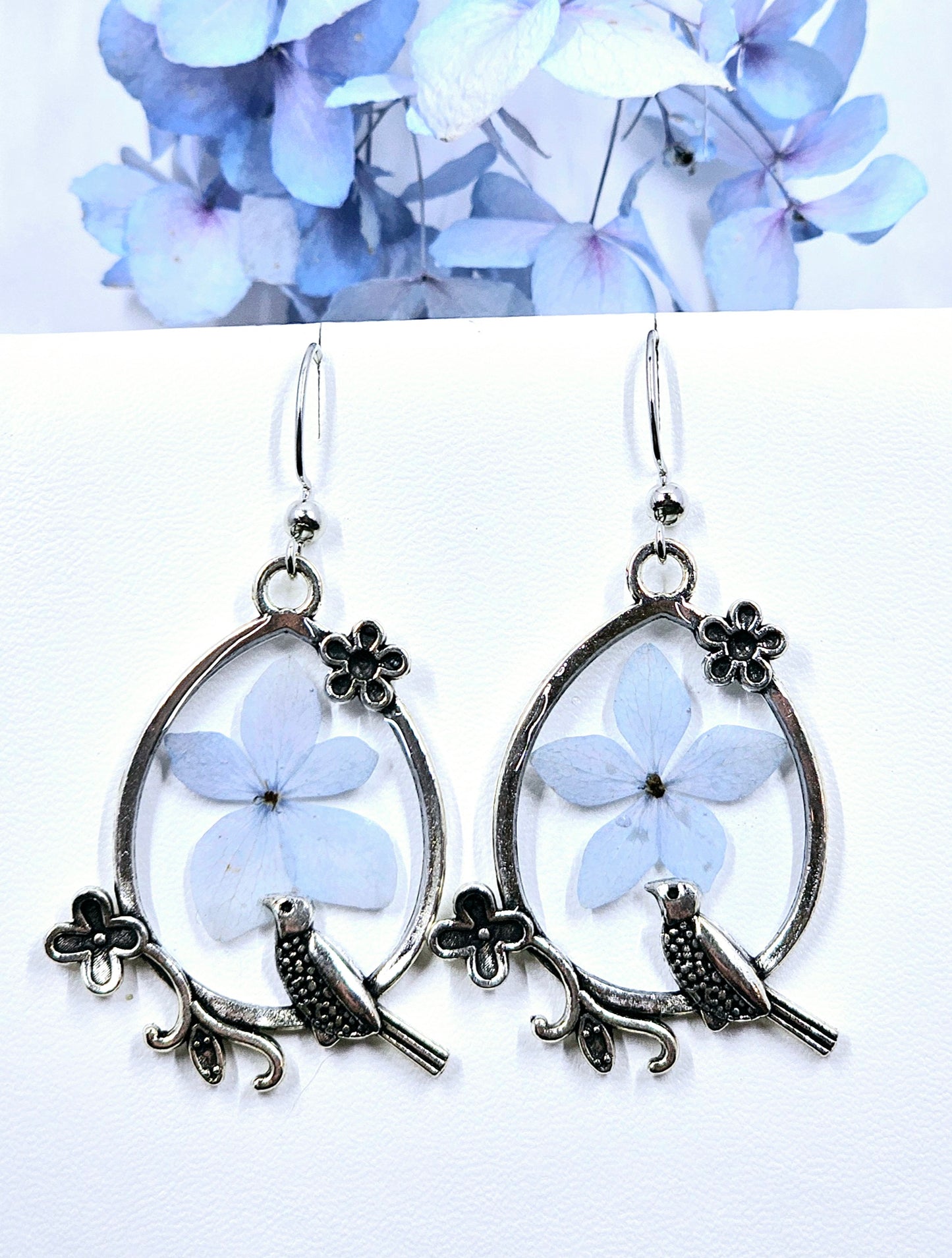 Light Blue Birdcage Hydrangea Petal Earrings
