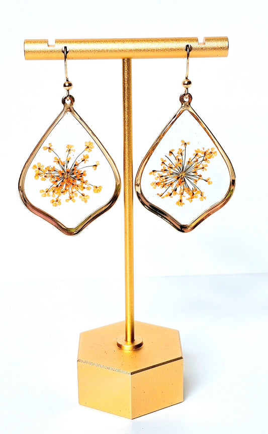 Orange Queen Anne's Lace Earrings with Gold Frame