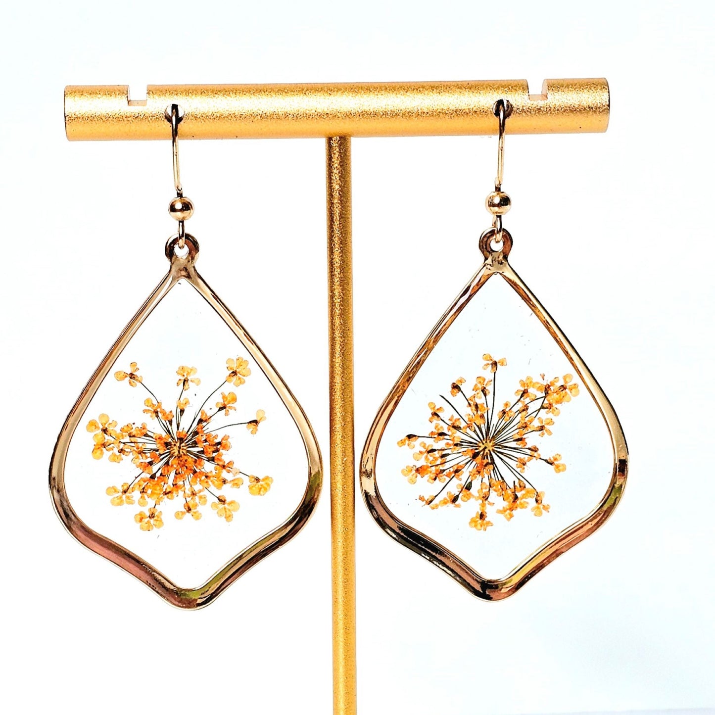 Orange Queen Anne's Lace Earrings with Gold Frame