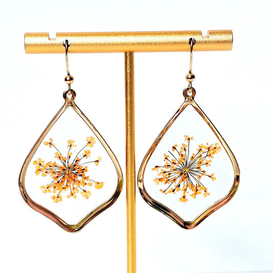 Orange Queen Anne's Lace Earrings with Gold Frame