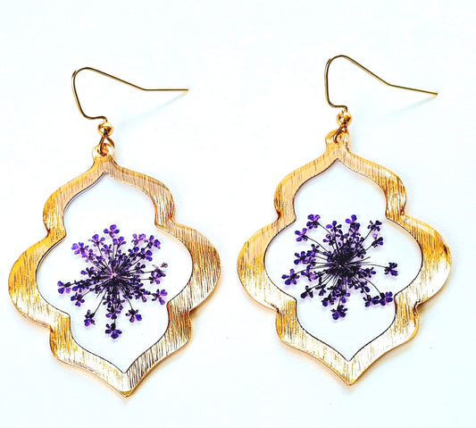 Purple Queen Anne's Lace Earrings with Gold Frame