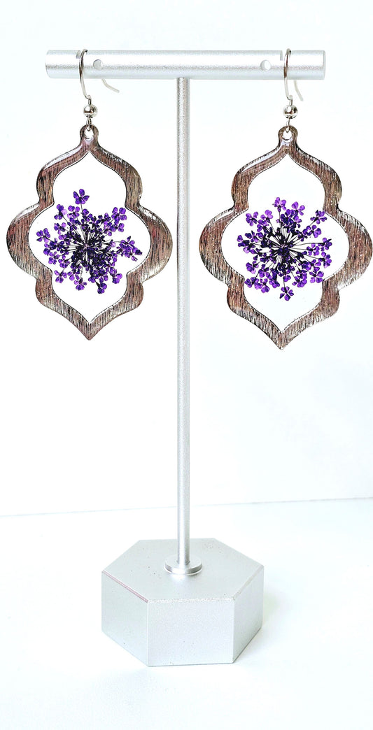 Purple Queen Anne's Lace Earrings with Silver Frame