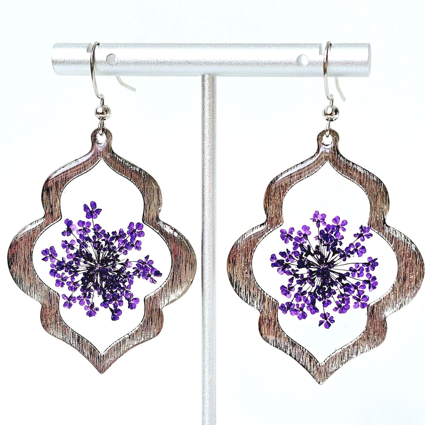 Purple Queen Anne's Lace Earrings with Silver Frame