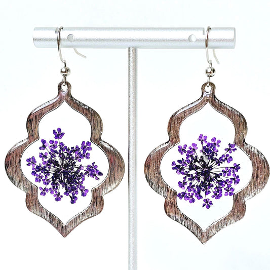 Purple Queen Anne's Lace Earrings with Silver Frame