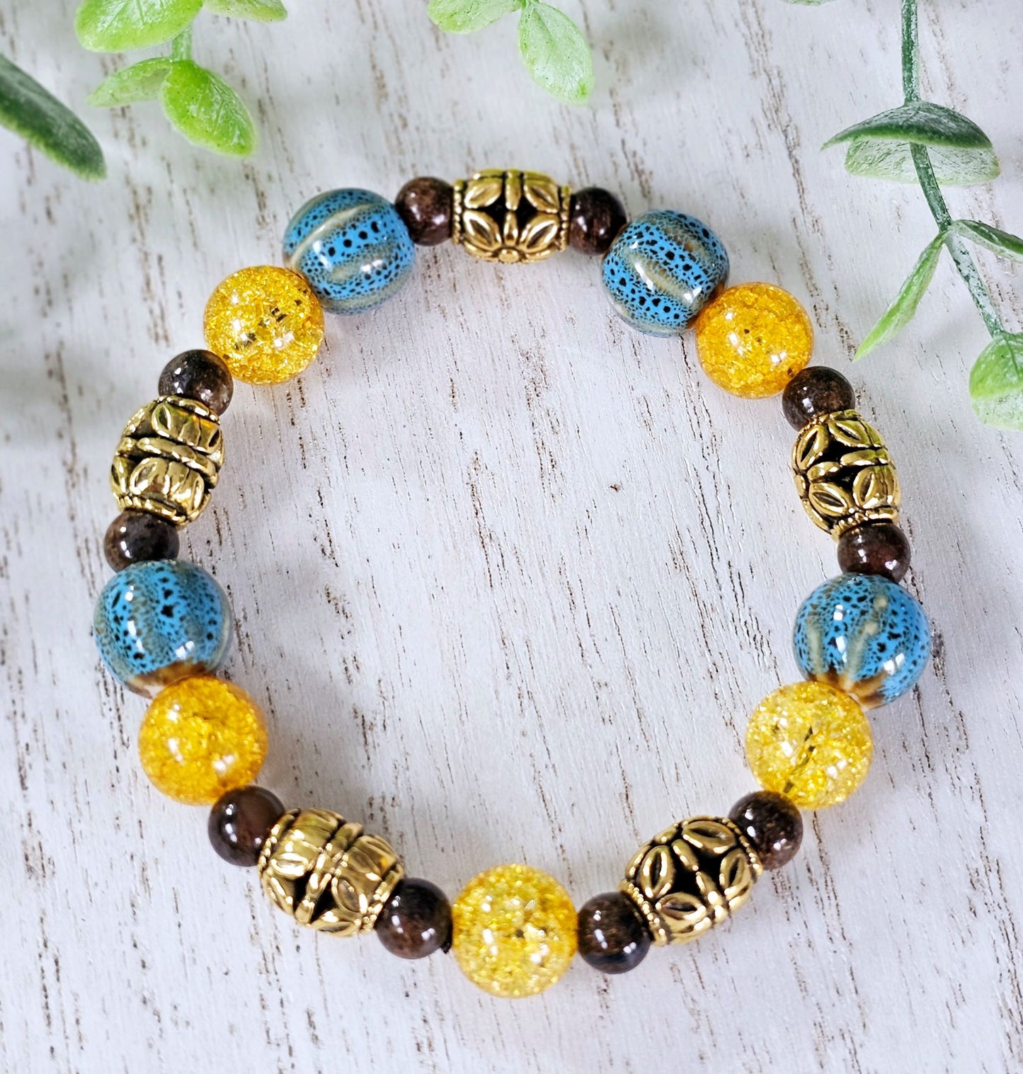 Blue, yellow and gold beaded bracelet